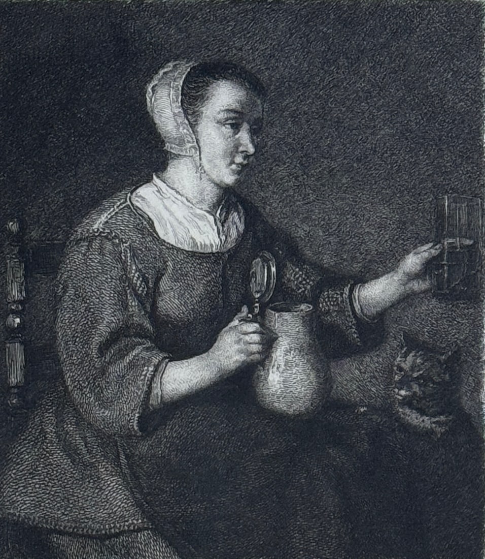 Etching by William Unger (1837-1932) after painting by Gabriel Metsu (1629-1667): Etching by William Unger (1837-1932) after painting by Gabriel Metsu (1629-1667) Printing on vellum paper, measures 6.5 x 5.5 and 21.5 x 17 inches w/ frame. William Unger began his formal art studies