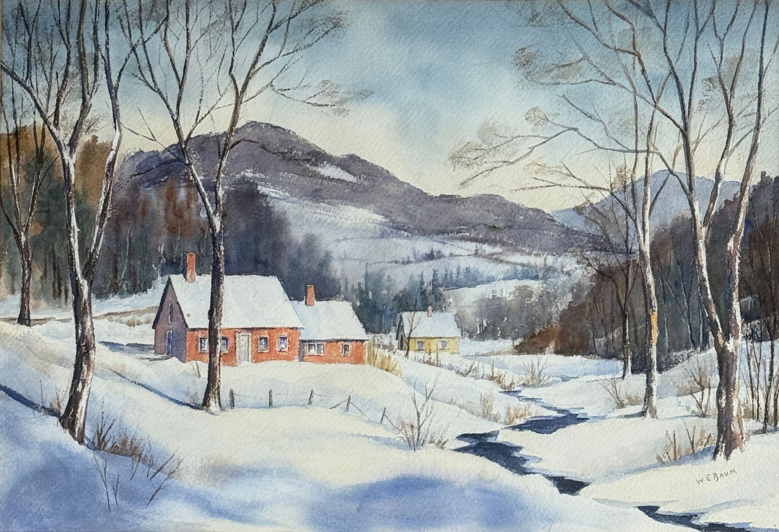 Walter Emerson Baum (1884 - 1956) American: Walter Emerson Baum (1884 - 1956) Watercolor and gouache on paper, signed lower right, measures 13 x 19 and 20 x 25.5 inches w/frame. Conway Massachusetts Estate. Walter Emerson Baum, well known as th