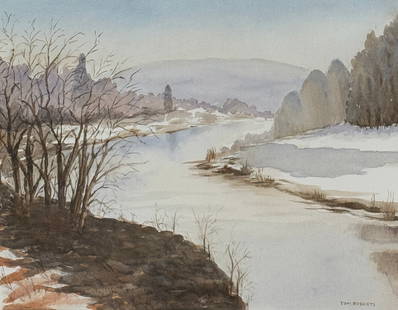 Tom Roberts (1909 - 1998) Canada/American: Thomas Keith Roberts (1909 - 1998) Watercolor on paper depicting winter river scene, signed lower right 'Tom Roberts", piece measures 10 x 14 and 18 x 22 inches w/frame. Tom Roberts was born in Toront