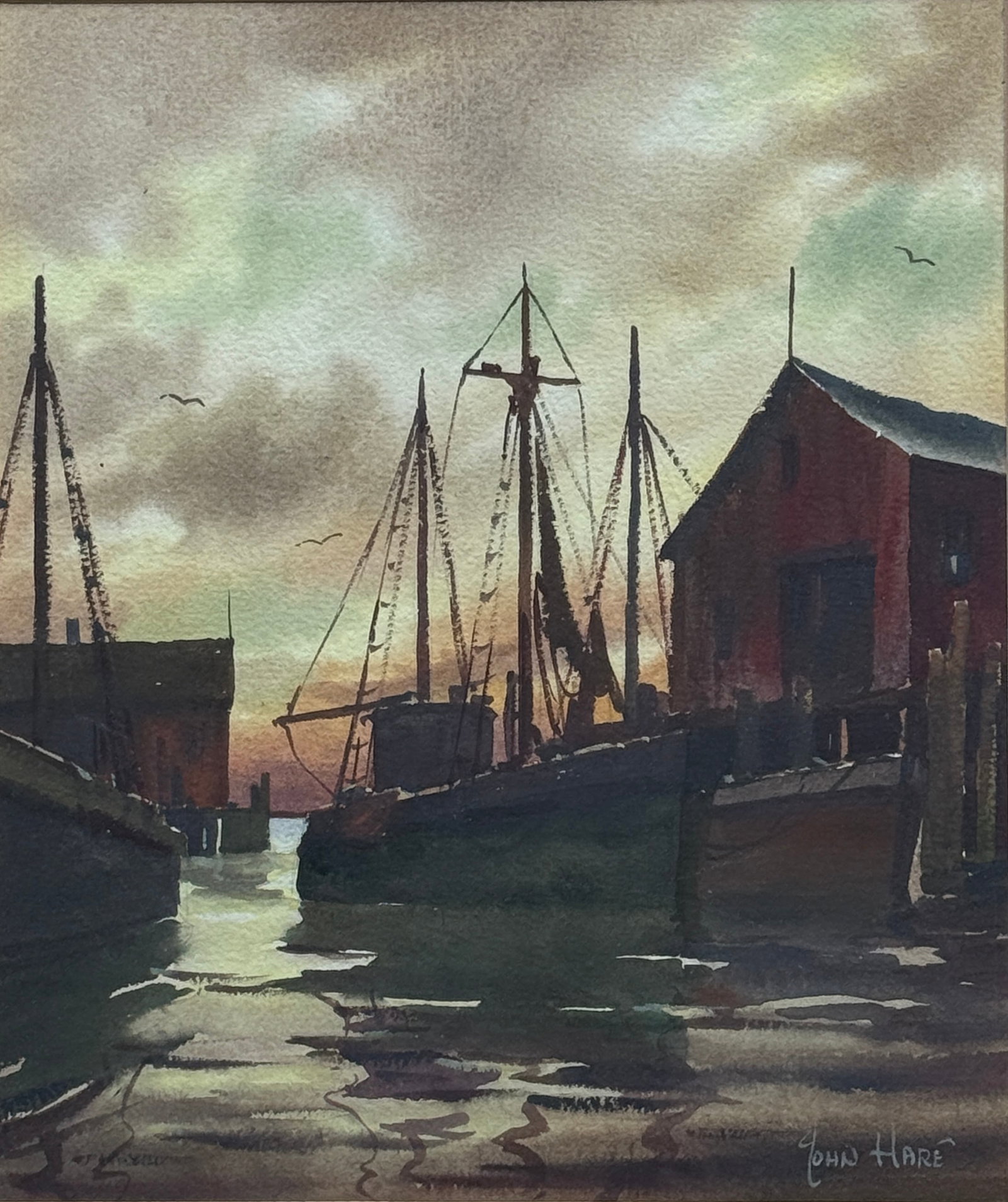 John Cuthbert Hare (1908 - 1978) American: John Cuthbert Hare (1908 - 1978) Watercolor on paper, signed lower right, measures 8 x 7 and 14.5 x 12.5 inches w/frame. John Cuthbert Hare, 1908-1978, was a watercolorist who painted boats, seascapes