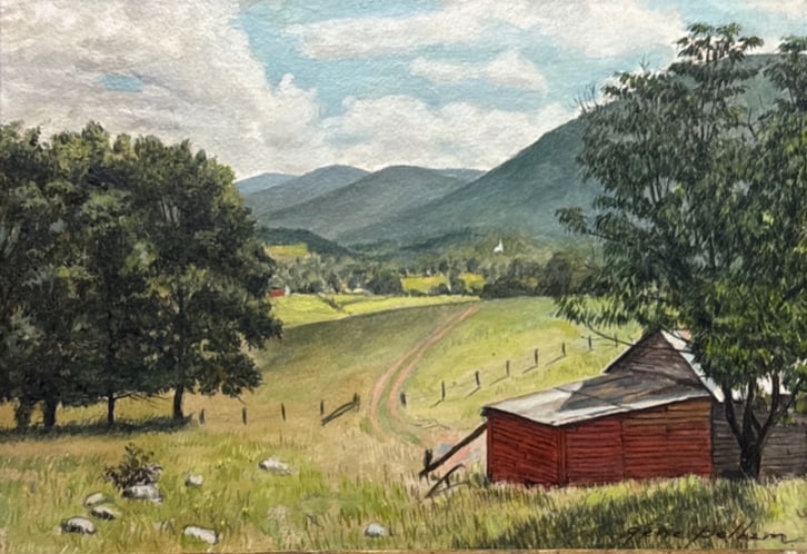 Gene Pelham (American, 1909-2004) "Peace in the Valley": Gene Pelham (American, 1909-2004) "Peace in the Valley" Oil on panel, signed lower right and titled on verso, piece measures 7 x 10 and 10 x 13 inches w/ frame. Gene Pelham was a New York-born illustr