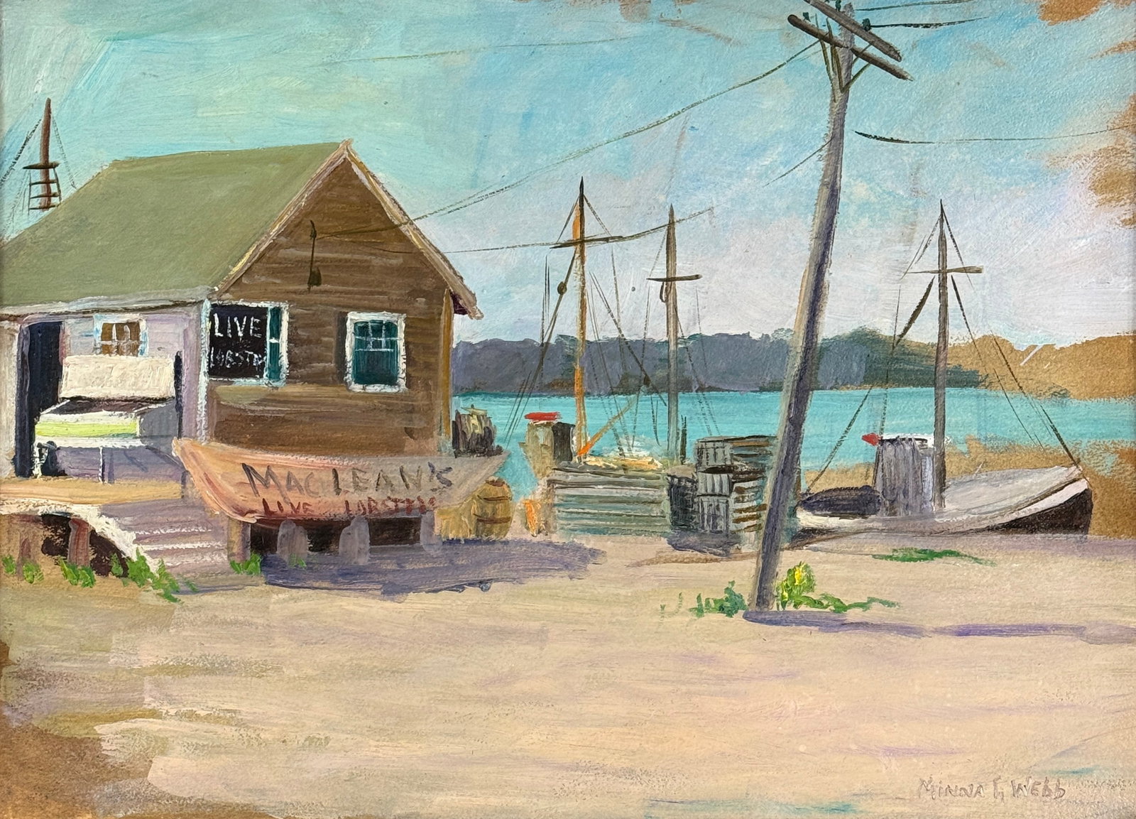 Minna Grumbt Webb (1885–1969) Harbor Scene with Shack and Boats: Minna Grumbt Webb (1885–1969) Harbor Scene with Shack and Boats, oil on board, signed lower right. The painting measures 16 x 22 inches and is presented in a 18.5 x 24-inch rustic frame. This vibran