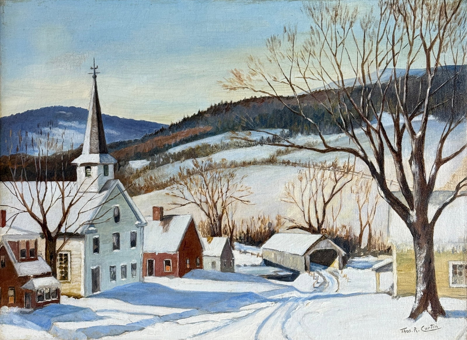 Thomas R. Curtin (1899–1977) Winter Village Scene: Thomas R. Curtin (1899–1977) Winter Village Scene, oil on canvasboard, signed lower right. Measuring 12 x 16 inches and presented in a 14.5 x 18.5-inch rustic wood frame, this charming landscape cap