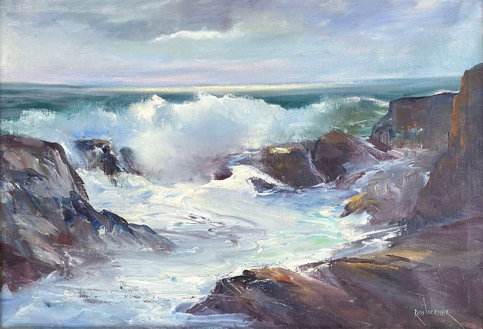 Russ Webster (1904 - 1984) American: Russ Webster (1904 - 1984) Oil on canvas, signed lower right, measures 20 x 29.5 and 25 x 33.5 inches w/frame. Russ Webster was a long time resident of Lynn Massachusetts and died in 1984. He worked a