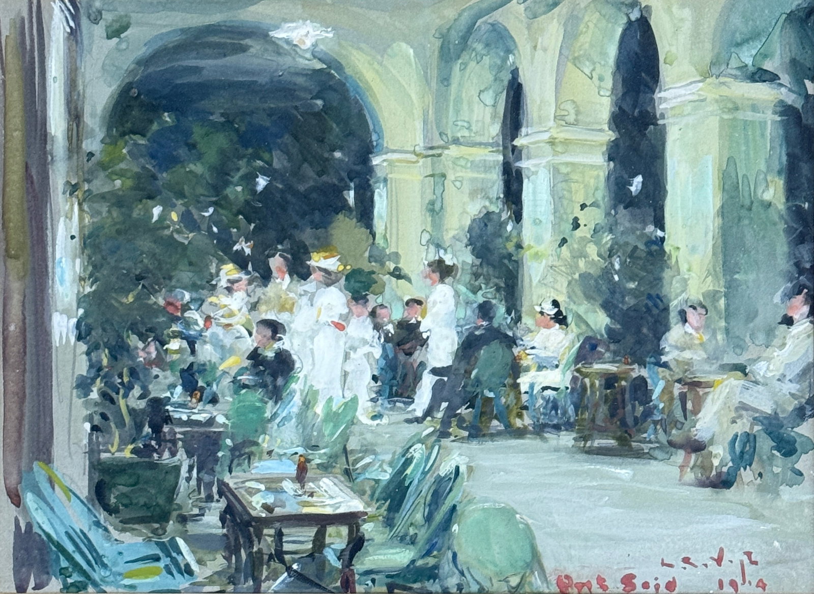 Louis Charles Vogt (1864 - 1939) "In Port Juares, France": Louis Charles Vogt (1864 - 1939) Gouache on paper titled "In Port Juares, France" and dated 1914 lower right, piece measures 7 x 9 and 14 x 17 inches w/frame. Piece was exhibited in the Cincinnati Art