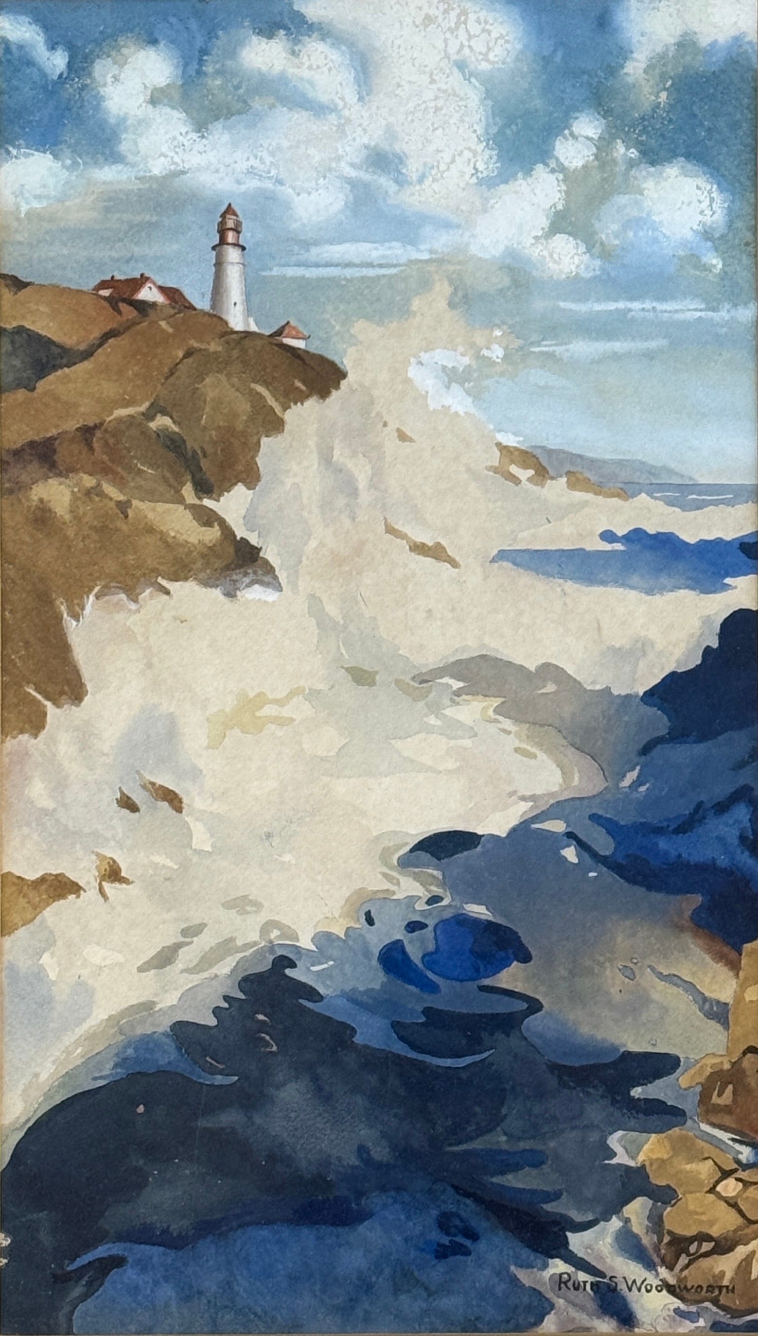 Ruth S. Woodworth (20th. Century) Pulpit Rock, Rye NH: Ruth S. WoodworthWatercolor on paper depicting the dramatic shoreline near Pulpit Rock Tower in Rye, New Hampshire, signed lower right. The painting captures the iconic WWII-era coastal observation po
