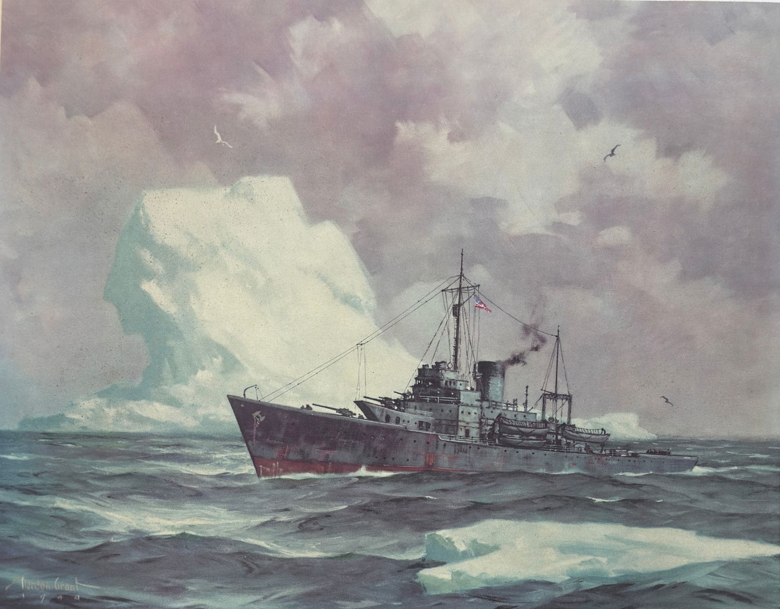 1944 WWII USCG Cutter, SAMUEL D INGHAM US Navy Ship Litho Print Art Gordon Grant (1 of 4)