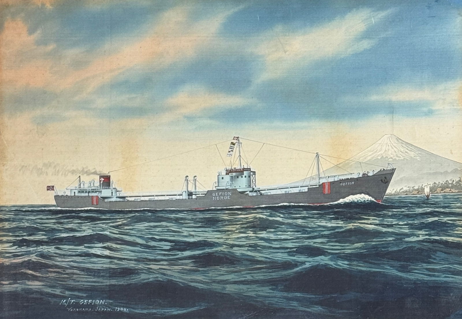 20th Cent. Japanese Oil on Silk WW2 China Trade Frame: 20th-century Japanese School oil on silk depicts the M/T Geffion off the coast of Yokohama, Japan, in 1940. The World War II-era motor tanker is shown cutting through calm waters beneath a luminous sk