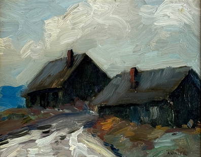 Andrew George Winter (1893 - 1958) Monhegan Island: Andrew George Winter (1893 - 1958) Oil on board, signed lower right, piece measures 8 x 10 and 13.5 x 15 inches w/frame. Artist was an Estonian-born American painter known for his bold, atmospheric se