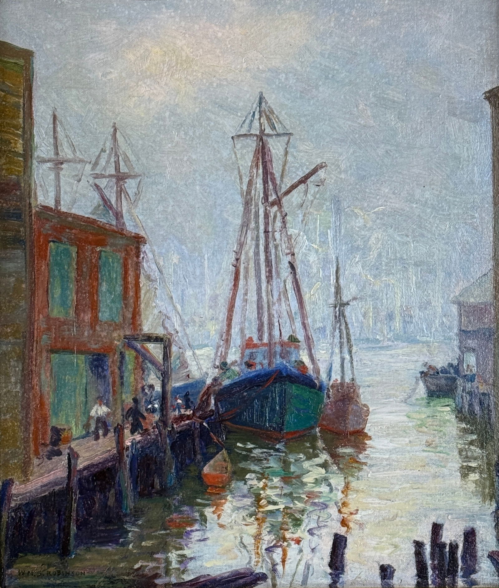 William Smith Robinson (1861 - 1945) Fog at Port: William Smith Robinson (1861 - 1945) Fog at Port Oil on Hatfields Color Shop canvas board, signed lower left, piece measures 16 x 14 and 20 x 17.5 inches w/frame. William Smith Robinson (1861–1945)
