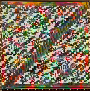 Antonio Segui (1934-2022) "Jardin": Antonio Segui (1934-2022) "Jardin" Acrylic on canvas made in 2005, signed dated and titled on verso, piece measures 47 x 47 inches. Piece is accompanied by certificate of authenticity. Seguí (1934–
