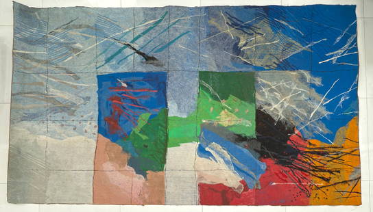 Calman Shemi (ARGENTINA Born 1939) Woven Tapestry: Calman Shemi (ARGENTENIAN / ISRAEL, Born 1939) abstract woven wool tapestry titled "The Flight of Birds in Autumn #2". Signed to lower left. Further signed and titled to verso. Measures approx. 58 1/2