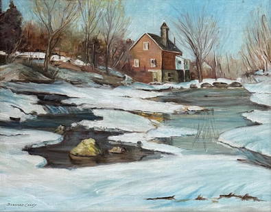 Bernard Corey (1914 - 2000) Vermont Winterscape: Bernard Corey (1914 - 2000) Oil on board depicting Vermont Winterscape, signed lower left, piece measures 11 x 14 and 15 x 18 inches w/frame . New England landscape painter, Bernard Corey executes pai