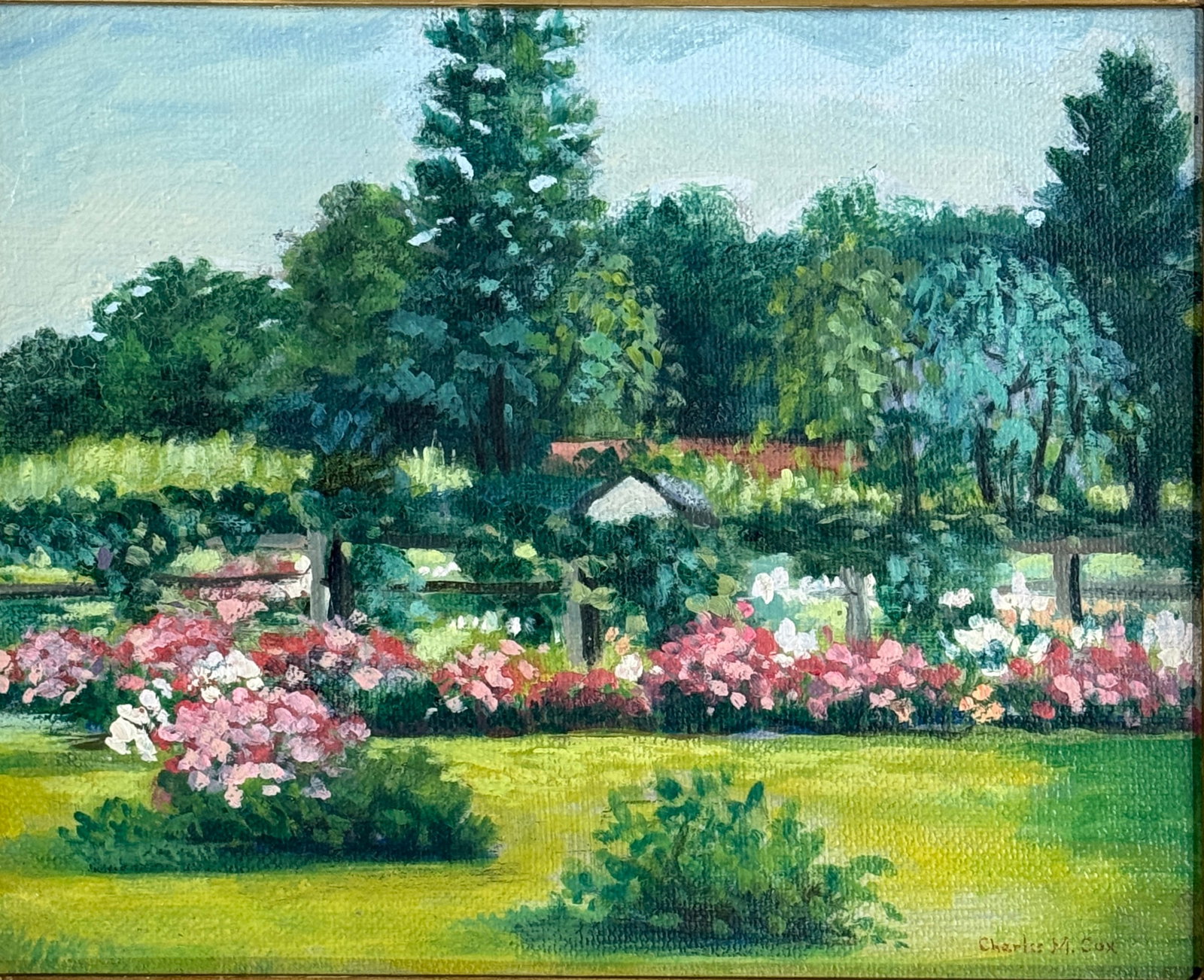 Charles M. Cox (19/20th Century) American: Charles M. Cox (19/20th Century) Oil on board depicting a flower-lined path. signed lower right “Charles M. Cox”., signed lower right, piece measures 8 x 10 and 10 x 12 inches w/frame.