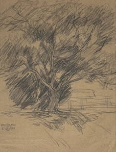 Roy C. Gamble (1887 - 1972) American: Roy C. Gamble (1887 - 1972) Pencil and Watercolor on paper depicting tree, piece signed lower left with monogram and print, piece measures 10.5 x 8 and 17.5 x 1 inches w/frame. Known primarily as a po