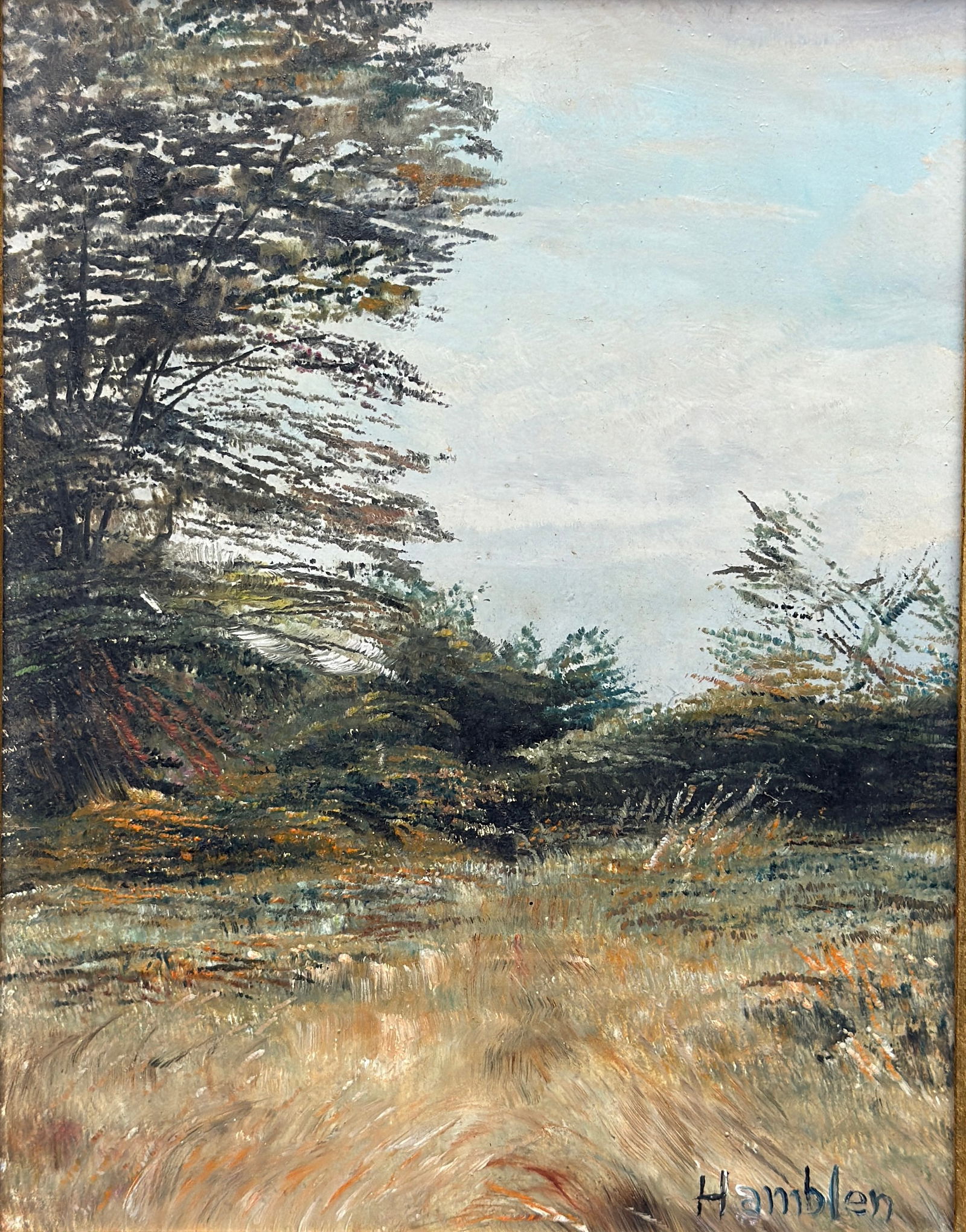 Robert Hamblen (1932 - 2017) American: Robert Hamblen (1932 - 2017) Oil on board, signed lower right, piece measures 7 x 5.5 and 8 x 6.5 inches w/frame. Robert Hamblen was a self-taught American landscape painter. The artist describes his