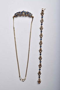 Vintage 14kt Blue Sapphire and Diamond Chain by Samuel Aaron and Bracelet: Vintage 14kt Blue Sapphire and Diamond Chain, 25 grams bracelet and chain measures 15 inches and 14kt stamped as well as Hallmarked GTR, hallmark of Samuel Aaron/J.M. Fox. The hallmark was filed in 19