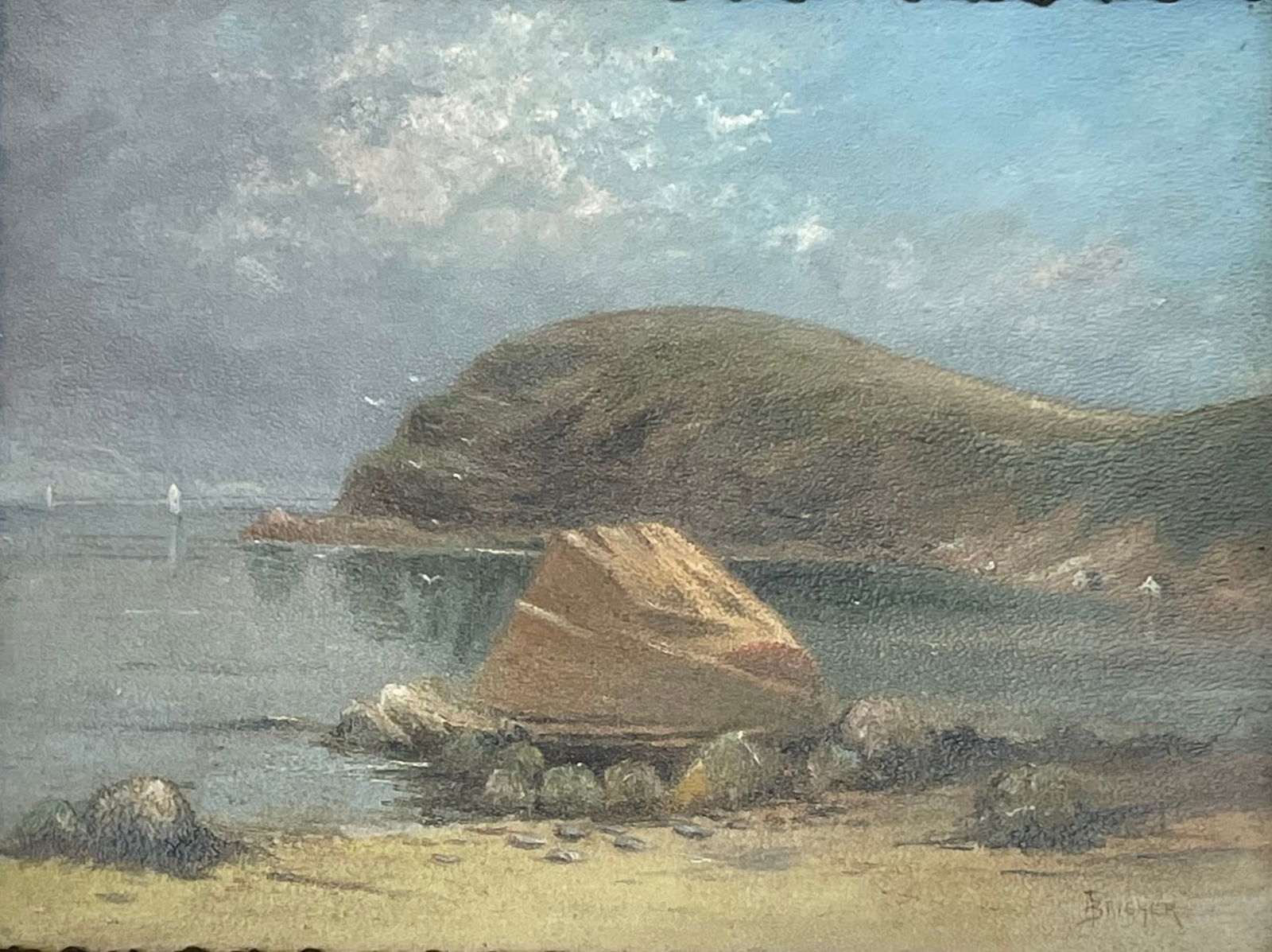 Alfred Thompson Bricher (1837-1908) "Grand Manan": Alfred Thompson Bricher (1837-1908) Oil on panel depicting "Grand Manan" island off the coast of Maine in the Bay of Fundy, signed lower right with monogram A T Bricher and labeled and signed on the b