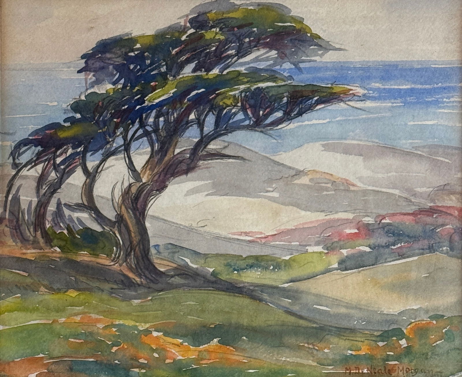 Mary DeNeale Morgan (1868 - 1948) American: Mary DeNeale Morgan (1868 - 1948) Mixed Media on paper, signed lower right, measures 6.5 x 8 and 12.5 x 15.5 inches w/frame. Born in San Francisco in 1868, she was taken to Oakland in 1872, where the