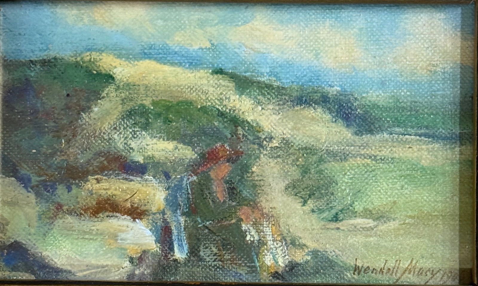 Wendell Macy (1845 - 1913) American: Wendell Macy (1845 - 1913) Oil on canvas laid on board, signed lower right, measures 3 x 5.5 and 7 x 9 inches w/frame. Descended of Thomas Macy and Richard Swain, who were among Nantucket's earliest E