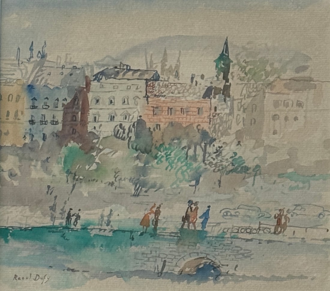 Raoul Dufy (1877 - 1953) France: Raoul Dufy (1877 - 1953) Watercolor on paper, signed lower left, measures 9 x 10 and 19.5 x 19.5 inches wframe. Raoul Dufy was born on June 3, 1877 in Le Havre, France and studied at the Ecole des Bea