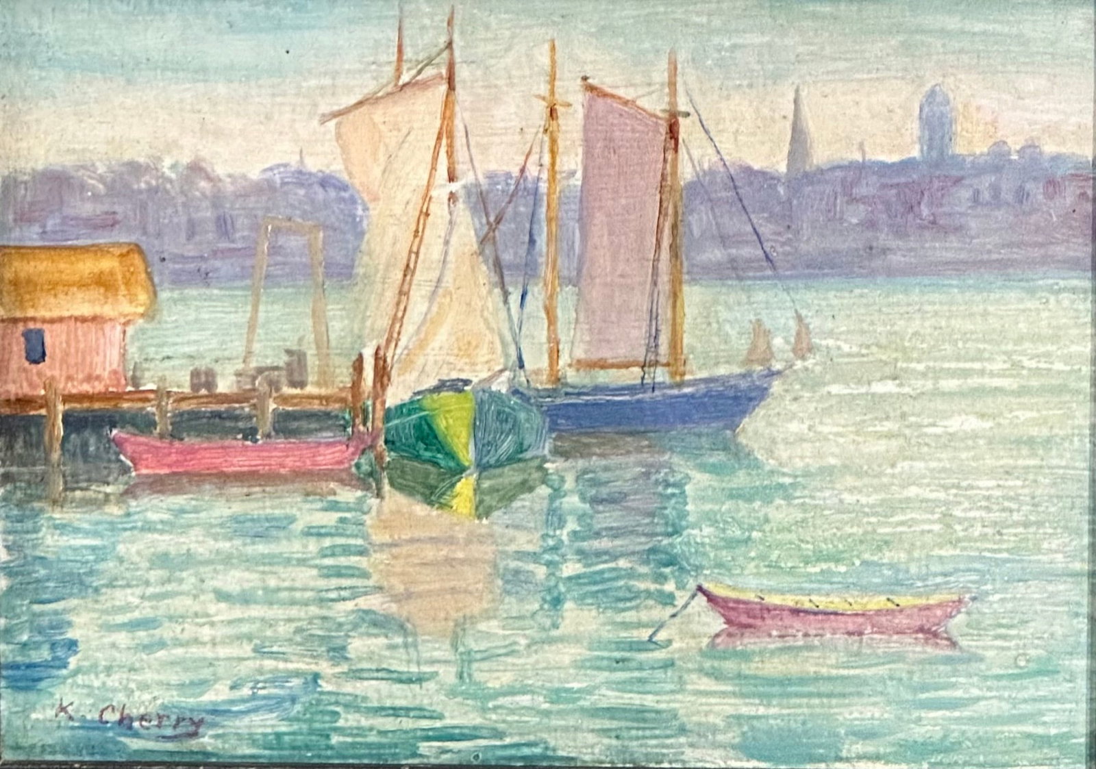 Kathryn E Bard Cherry (1880 - 1931) American: Kathryn E Bard Cherry (1860 - 1931) Oil on board, signed lower left, piece measures 5 x 6.5 and 8.5 x 10.5 inches w/frame. artist studied at the St. Louis School of Fine Arts, the New York School of F