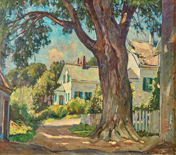 William Lester Stevens (1888-1969) "Rockport Street": William Lester Stevens (1888-1969) Rockport Street scene, oil on canvas, signed lower right, piece measures 32 x 36 and 38 1/2 x 42 1/2 inches with custom gilded frame, Condition: Good. Stevens was an