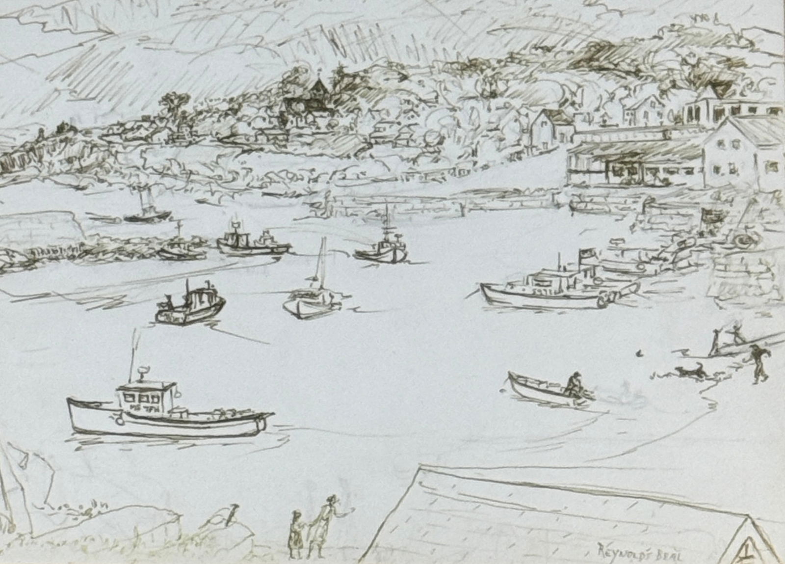 Reynolds Beal (1866/67 - 1951) American: Reynolds Beal (1866/67 - 1951) Ink on paper, signed lower right, piece measures 8 x 11 and 17 x 21 inches w/frame. Born in New York City, Reynolds Beal's year of birth is reported as being 1866 as wel