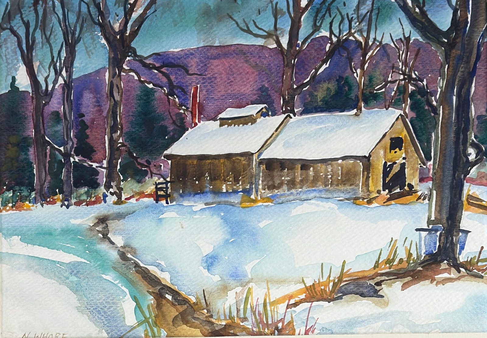 Nancy Whorf (1930 - 2009) American: Nancy Whorf (1930 - 2009) Watercolor on paper, signed lower leeft, measures 9.5 x 13.5 and 15.5 x 19.5 inches w/frame. She was born on March 14, 1930, to John and Vivian Whorf of Winthrop, Massachuset
