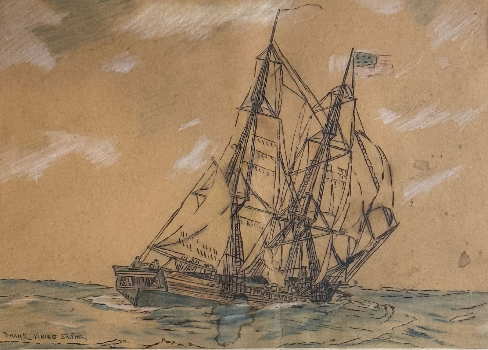 Frank Vining Smith (1879 - 1967) American Schooner: Frank Vining Smith (1879 - 1967) Watercolor on paper depicting an American Schooner, signed lower left "Frank Vining Smith, piece measures 8.5 x 11.5 and 13 x 17 inches w/frame. Originally part of a M