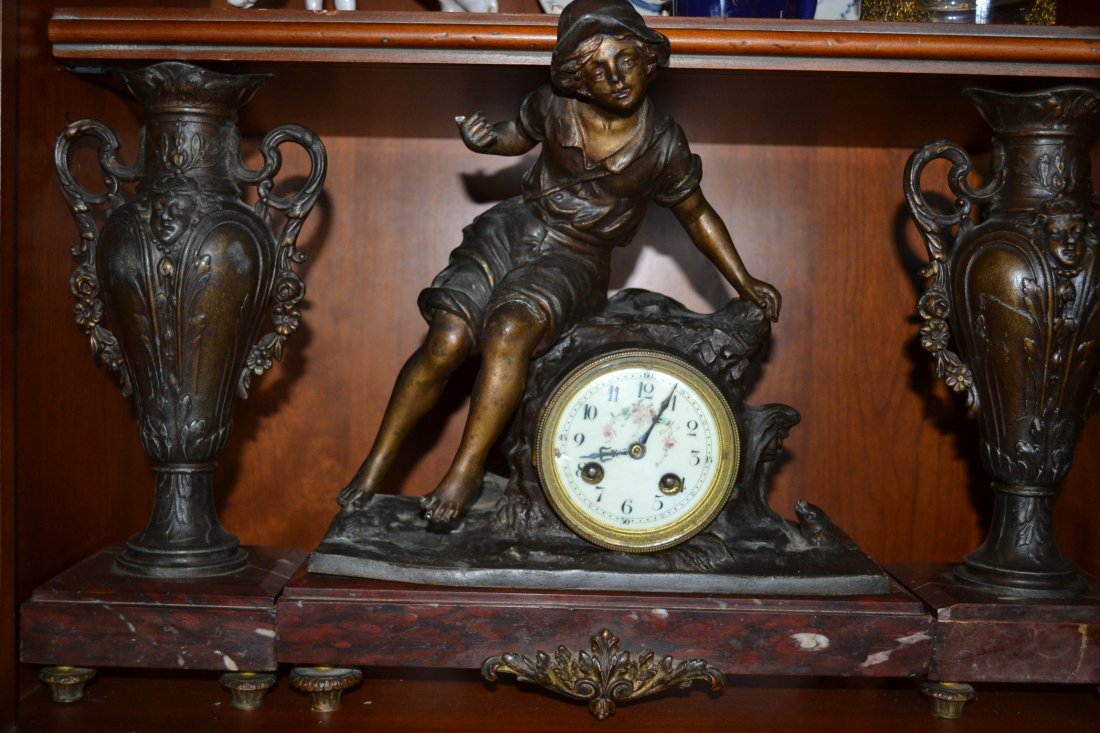 ANTIQUE FRENCH DECORATING CLOCK 3 PIECE SET: ANTIQUE FRENCH DECORATING CLOCK 3 PIECE SET. CLOCK IS UNTESTED , NO WIND KEY PRESENT . 2 CANDLE HOLDERS. HEAVY STONE BASE . 13" X 12" CLOCK 5" X 5" AND 13" HIGH HOLDERS .