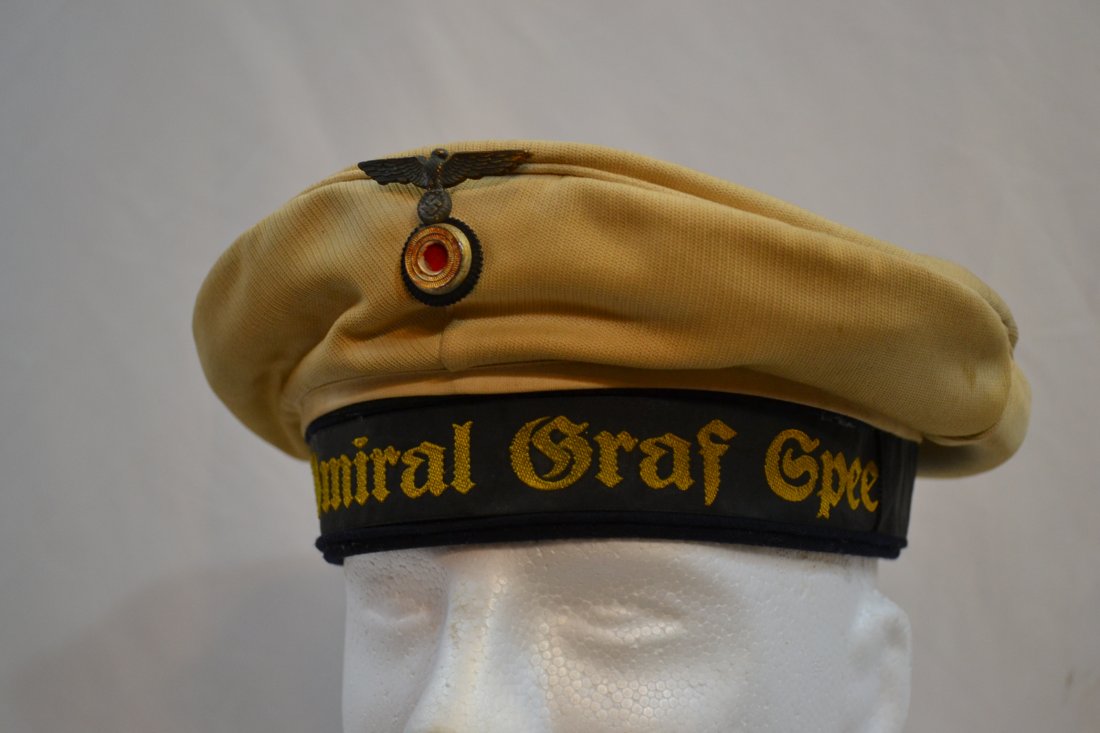 WWII NAZI GERMAN KRIEGSMARINE SALOR CAP HAT Graf Spee: WWII NAZI GERMAN KRIEGSMARINE SALOR CAP HAT. CRUISER "Admiral Graf Spee"CAP TALLY .REMOVABLE WHITE TOP ON TOP OF BLUE ONE.NAME OF THE SALOR ON THE SWEAT BAND. "Admiral Graf Spee" WAS SERVING NAZI GERM