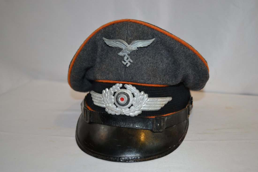 WWII NAZI GERMAN LUFTWAFFE RARE SIGNAL NCO VISOR HAT: WWII NAZI GERMAN LUFTWAFFE RARE SIGNAL NCO VISOR HAT . GREAT EXAMPLE. BROWN PIPING FOR SIGNALS . RARE BRANCH . BEAUTIFUL SADDLE SHAPE . NICE MAKER . HARD TO FIND.