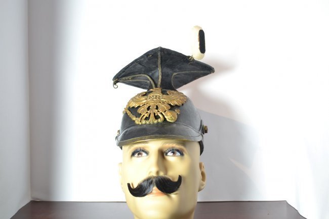 PRE WWI IMPERIAL GERMAN EARLY UHLAN CZAPKA HELMET: WELL WORN ORIGINAL RARE PRE WWI EARLY GERMAN UHLAN CZAPKA HELMET . LEATHER BODY WITH BRASS METAL FITTINGS.