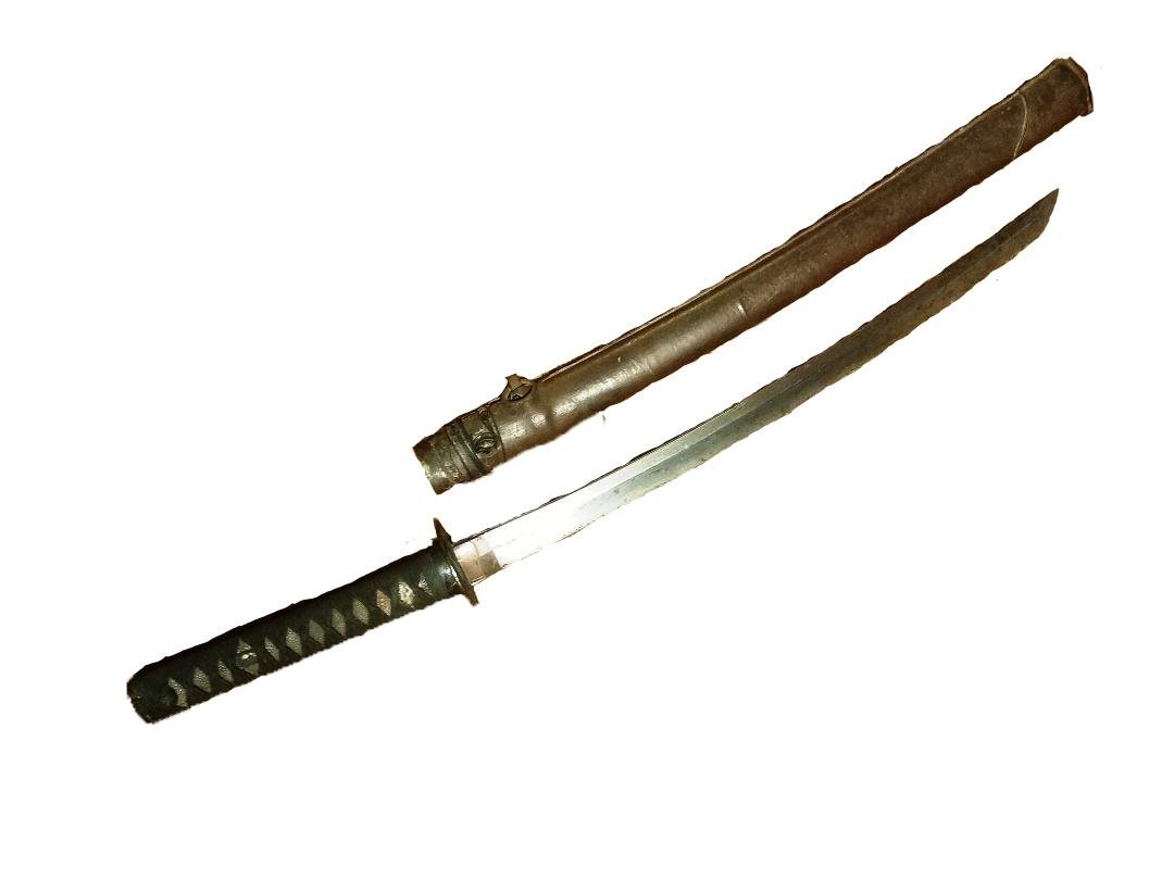 ANTIQUE JAPANESE SAMURAI SWORD OLD BLADE WWII SCABBARD: ANTIQUE JAPANESE SAMURAI SWORD . OLD BLADE AROUND 18TH CENTURY. WWII LEATHER COVERED SCABBARD . WAKIZASHI SIZE . N=BLADE ABOUT 21" . 31" OVERALL . THE BLADE IS OUT OF POLISH WITH WEAR AND AGE SOME MIN