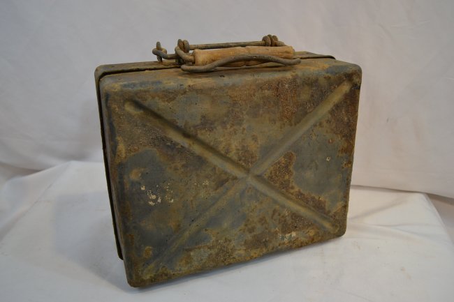 WWII GERMAN 50MM MORTAR CARRY CASE RUSSIAN FRONT: WWII GERMAN 50MM MORTAR CARRY CASE. RUSSIAN FRONT USED AND FOUND IN THE BUNKER IN NOVGOROD AREA . ALL ORIGINAL AND UNTOUCHED WITH ORIGINAL FIELD GRAY PAINT AND WRITINGS REMAINS . MAKER STAMPED AND WAF
