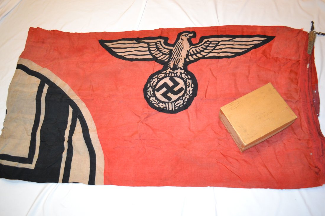 WWII NAZI GERMAN LARGE STATE SERVICE FLAG WITH BOX: WWII NAZI GERMAN LARGE STATE SERVICE FLAG . MAILED HOME BY AMERICAN SOLDIER FROM GERMANY . LARGE SIZE 125" X 67" FLAG SHOWS HEAVY WEAR AND USE. DEFINITELY HAS BEEN FLOWN FOR A LONG TIME . MANY PERIOD 