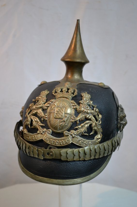 IMPERIAL GERMAN PRE WWI BAVARIAN SPIKE HELMET: IMPERIAL GERMAN PRE WWI BAVARIAN PICKELHAUBE SPIKE HELMET .EARLY STYLE .LATE 19 EARLY 20th CENTURY . SILVER COLOR FITTINGS . COMPLETE WITH LINER . RARE PICKELHAUBE.