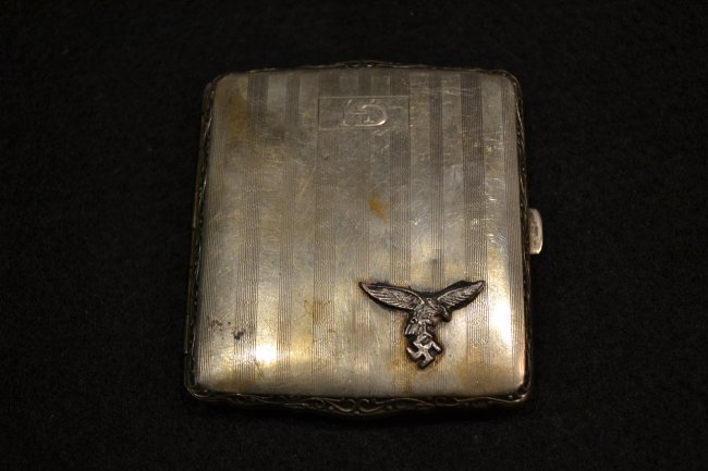 WWII GERMAN LUFTWAFFE PILOT LEGION CONDOR CASE 1939: WWII GERMAN LUFTWAFFE PILOT LEGION CONDOR 1939 CIGARETTE CASE. NICKEL SILVER . OWNERS INITIALS AND LUFTWAFFE EAGLE ON THE FRONT. ENGRAVED INSIDE . RARE ITEM.