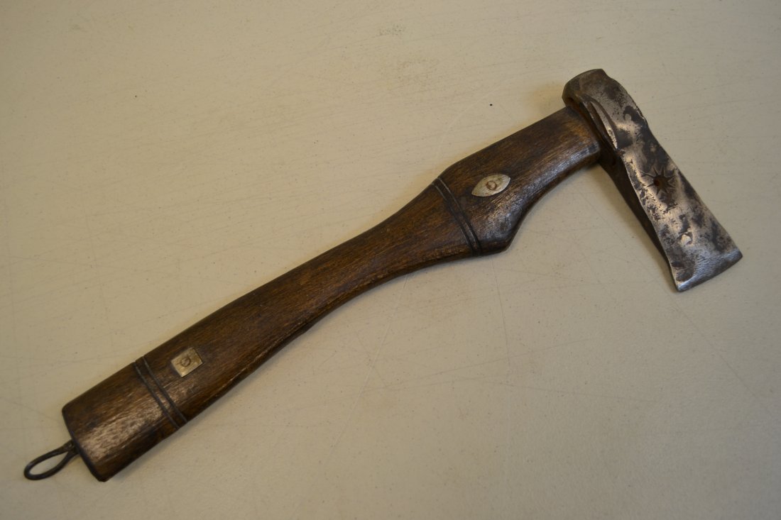 IMPERIAL RUSSIAN CAUCASIAN COSSACK BATTLE AXE: IMPERIAL RUSSIAN CAUCASIAN COSSACK BATTLE AXE . NICE HAND FORGED AXE HEAD WITH INTERESTING MAKER MARK . METAL DECORATED WOOD GRIP HANDLE . LATE 19TH CENTURY . REAL WEAPON NOT CEREMONIAL PIECE. RARE . 