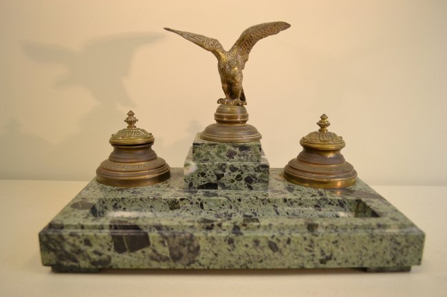 ANTIQUE GERMAN STONE BRONZE INK SET TABLE WRITING SET: ANTIQUE GERMAN STONE INK SET TABLE WRITING SET . BEAUTIFUL PIECE . 7.5 X 12.5 . VERY HEAVY SUPERB QUALITY SET .