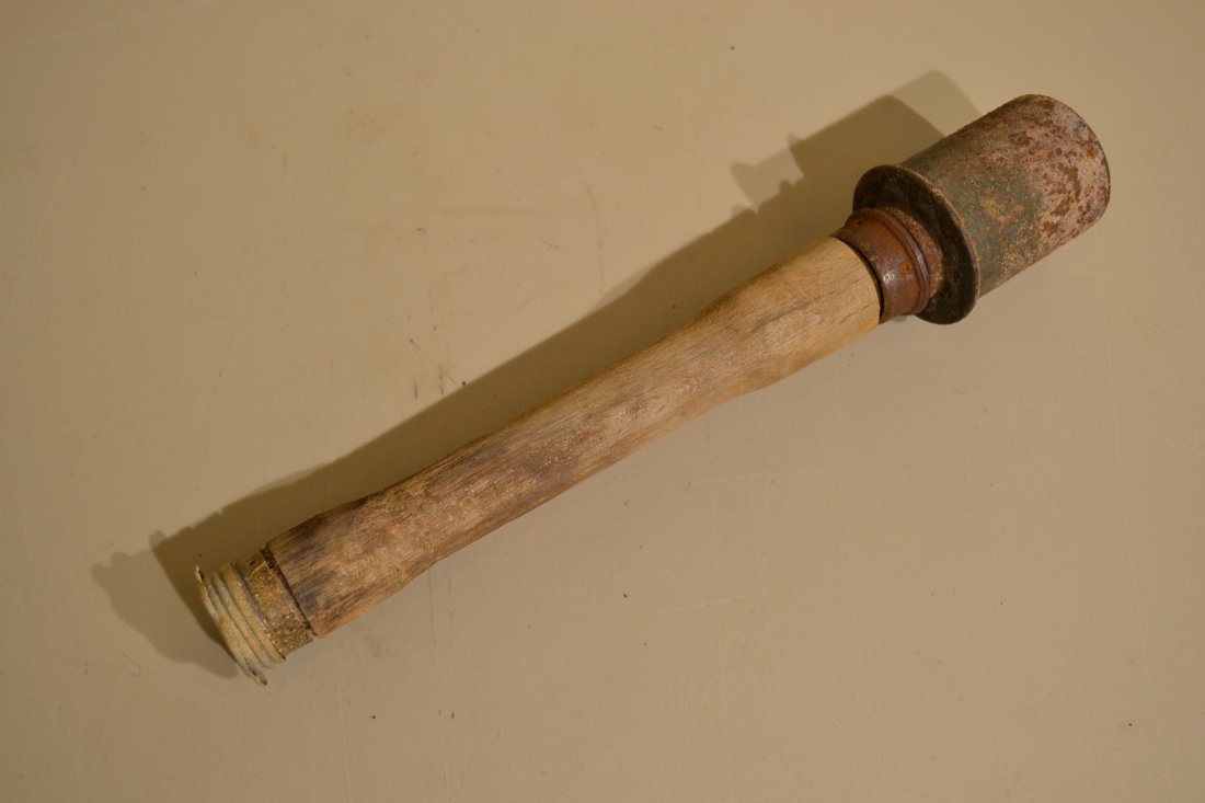 WWII GERMAN M24 HAND GRENADE "POTATO MASHER" INERT: WWII GERMAN M24 HAND GRENADE "POTATO MASHER" INERT . RUSSIAN FRONT FOUND. WINTER TYPE CAP . 1937 DATED HEAD . 1943 DATED WOODEN HANDLE . VERY RARE FIND .