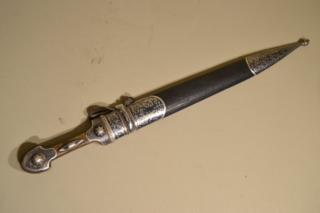 IMPERIAL RUSSIAN CAUCASIAN DECORATED KINJAL DAGGER: IMPERIAL RUSSIAN CAUCASIAN DECORATED KINJAL DAGGER . NICE AND CLEAN EXAMPLE. MAKER'S STAMP TO THE BRIGHT AND CLEAN BLADE. 20"LONG WITH 14" BLADE.