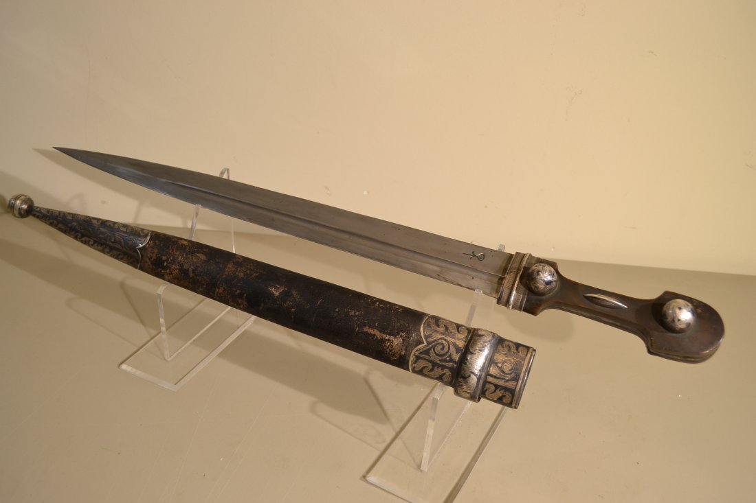 HUGE CAUCASIAN KINJAL DAGGER DAMASCUS BLADE: HUGE CAUCASIAN KINJAL DAGGER DAMASCUS BLADE . OUTSTANDING PIECE. BEAUTIFUL DAMASCUS BLADE WITH MASTER STAMPS ON BOTH SIDES. SILVER DECORATED FITTINGS . 28" LONG WITH 20" LONG BLADE. HIGHLY DESIRABLE K