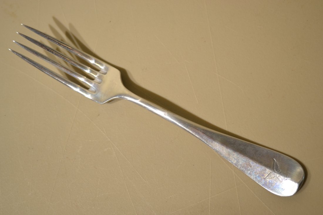 WWII GERMAN LUFTWAFFE POLISHED ALUMINUM FORK 1938: WWII GERMAN LUFTWAFFE POLISHED ALUMINUM FORK 1938 . MINTY CONDITION. NICELY STAMPED WITH EARLY LUFTWAFFE EAGLE AND V.S.M.38 AND F1.U.V. 8" LONG