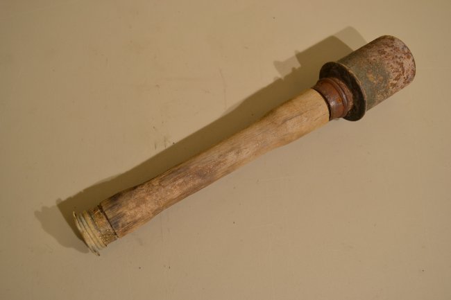 WWII GERMAN M24 HAND GRENADE "POTATO MASHER" INERT: WWII GERMAN M24 HAND GRENADE "POTATO MASHER" INERT . RUSSIAN FRONT FOUND. WINTER TYPE CAP . 1937 DATED HEAD . 1943 DATED WOODEN HANDLE . VERY RARE FIND .