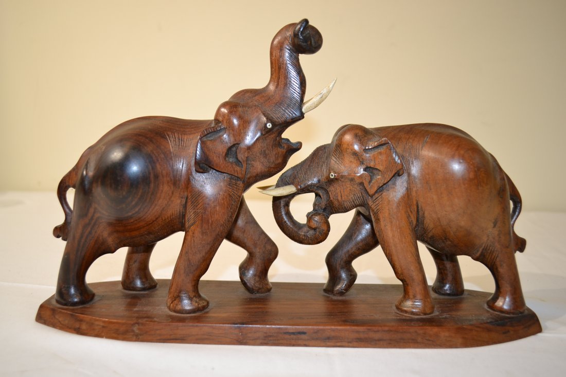 ANTIQUE RUSSIAN SOVIET ERA CARVED WOOD "TWO ELEPHANTS": ANTIQUE RUSSIAN SOVIET ERA CARVED WOOD ART "TWO ELEPHANTS" . CIRCA 1970'S . VERY NICE QUALITY MADE . 13" LONG 8" TALL