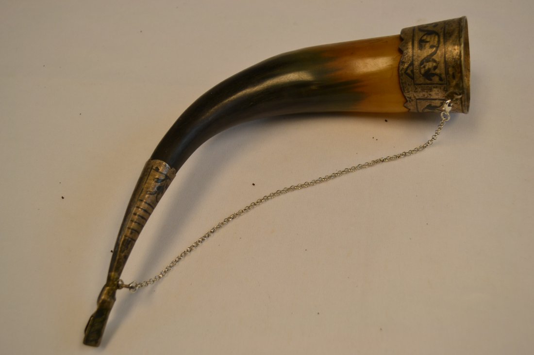 ANTIQUE GEORGIAN CAUCASIAN DRINKING HORN SILVER NIELLO: ANTIQUE GEORGIAN CAUCASIAN DRINKING HORN SILVER NIELLO. 11" LONG