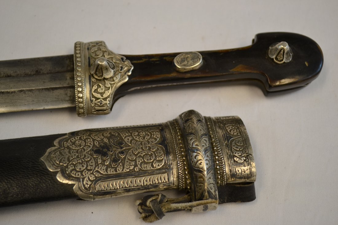 ANTIQUE RUSSIAN CAUCASIAN KINJAL DAGGER SILVER NIELLO: RUSSIAN CAUCASIAN KINJAL DAGGER . SILVER NIELLO FITTINGS. DATED 1927. 23" LONG WITH 15.5" BLADE . FROM PRIVATE COLLECTION OF A.D.L.