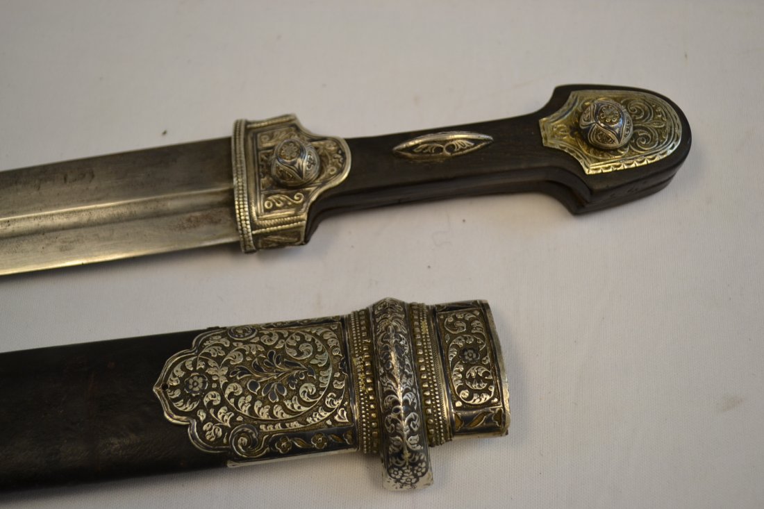 IMPERIAL RUSSIAN CAUCASIAN KINJAL DAGGER SILVER NIELLO: MPERIAL RUSSIAN CAUCASIAN KINJAL DAGGER . SILVER NIELLO FITTINGS. 21" LONG WITH 14" BLADE. FROM PRIVATE COLLECTION OF A.D.L.